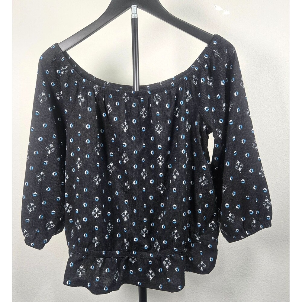 Ann Taylor Factory Peplum Blouse Medium Black Floral Off Shoulder Boho Top